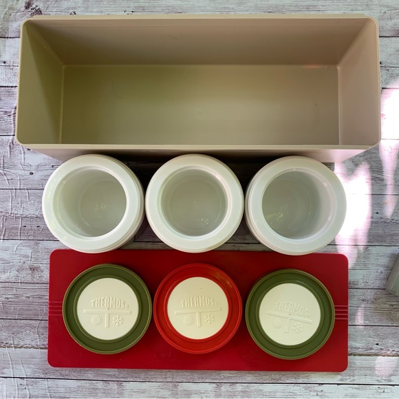 Vintage Thermos Insulated Jars #1155/3 Red Green Picnic Slide Lid Container - Picture 8 of 12